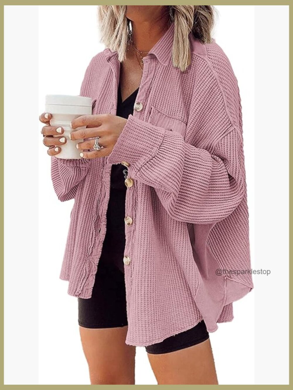 Waffle Knit Shacket Oversized Button Down Shirt Jacket Lightweight